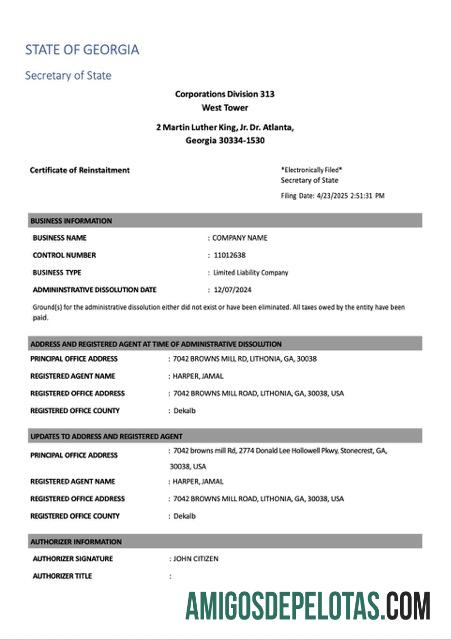 Certificado de reintegração dos EUA, Georgia, modelo Word e PDF para download, versão 2